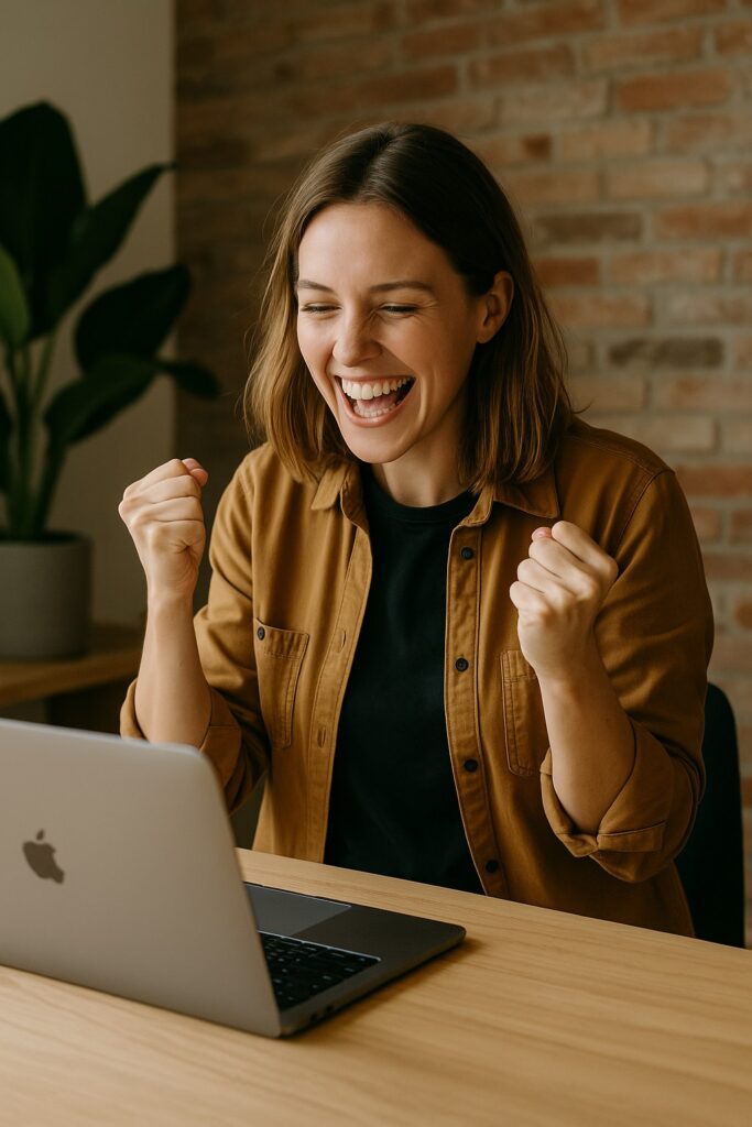 Happy woman with laptop computer